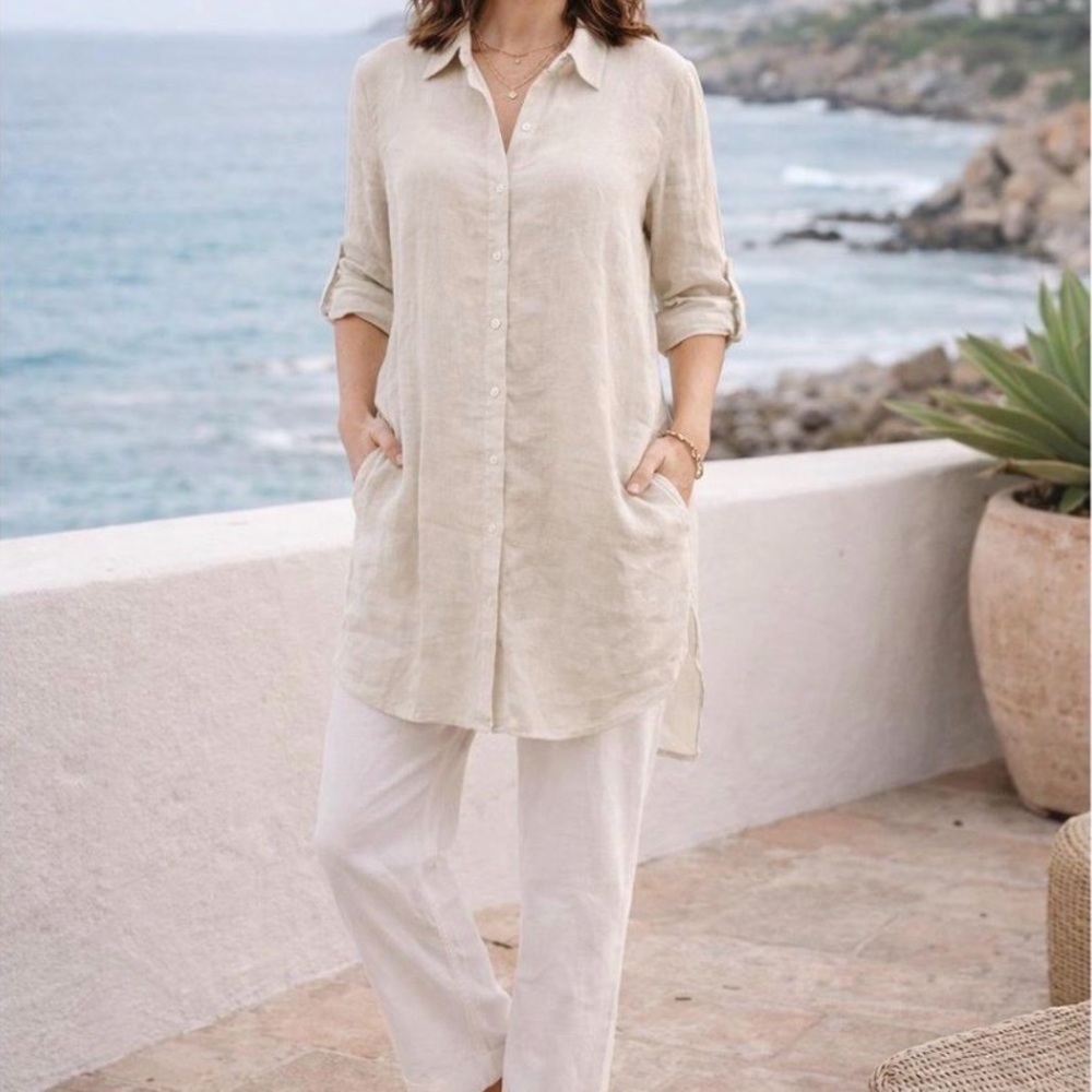 Tahari Light Beige/Tan Linen Tunic Shirt / beach dress - Picture 2 of 6